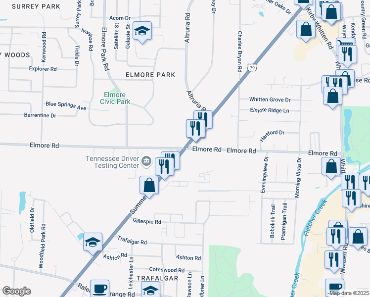 map of restaurants, bars, coffee shops, grocery stores, and more near Summer Ave & Elmore Rd in Bartlett