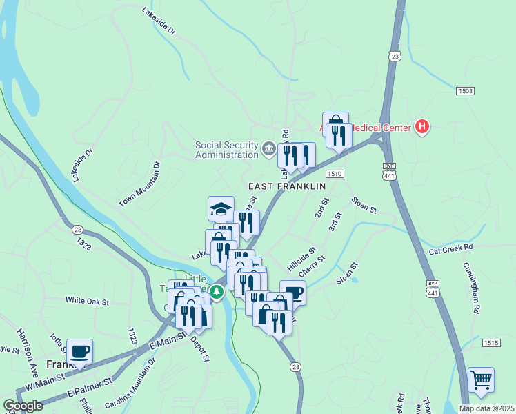 map of restaurants, bars, coffee shops, grocery stores, and more near 55 Dan Street in Franklin