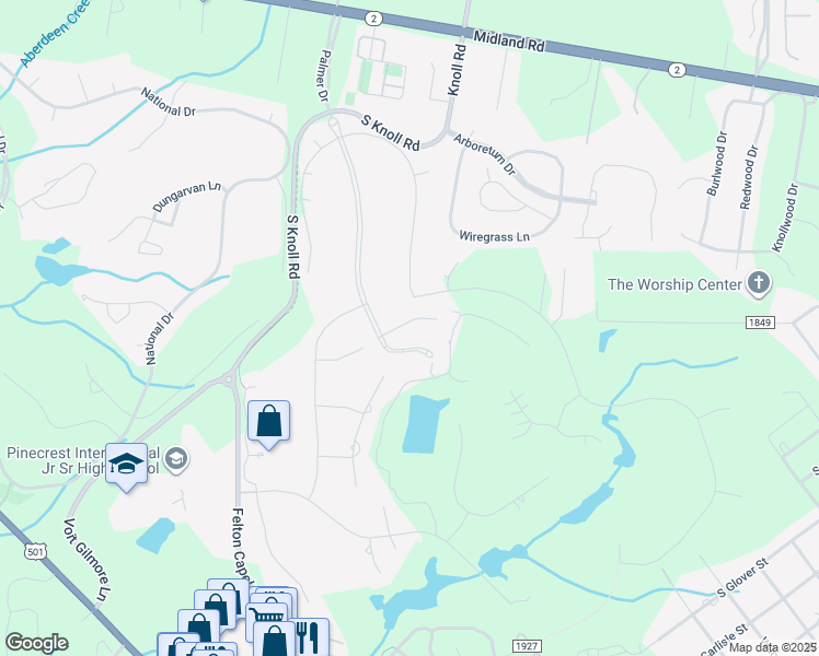 map of restaurants, bars, coffee shops, grocery stores, and more near 122 Old Clubhouse Lane in Southern Pines