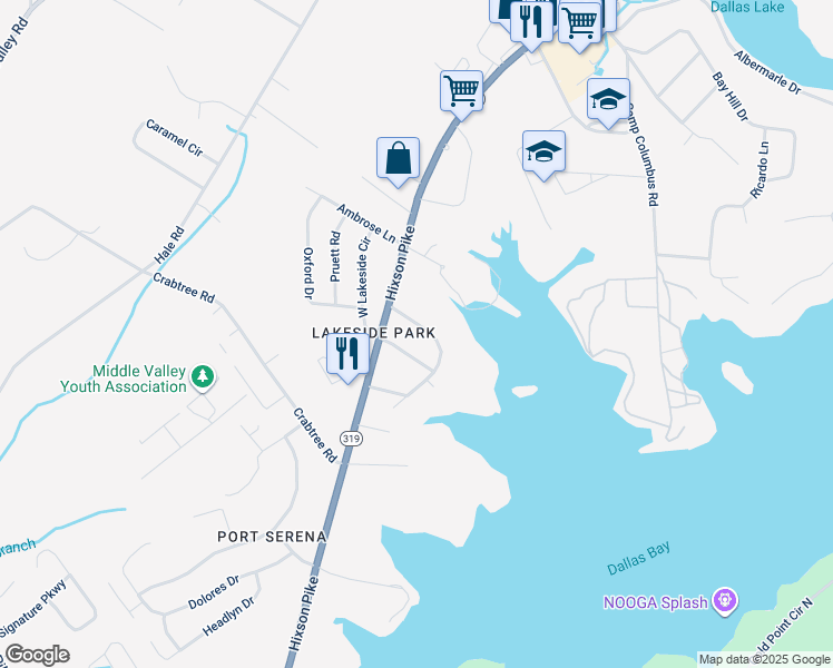 map of restaurants, bars, coffee shops, grocery stores, and more near 1250 Lakeside Drive in Middle Valley