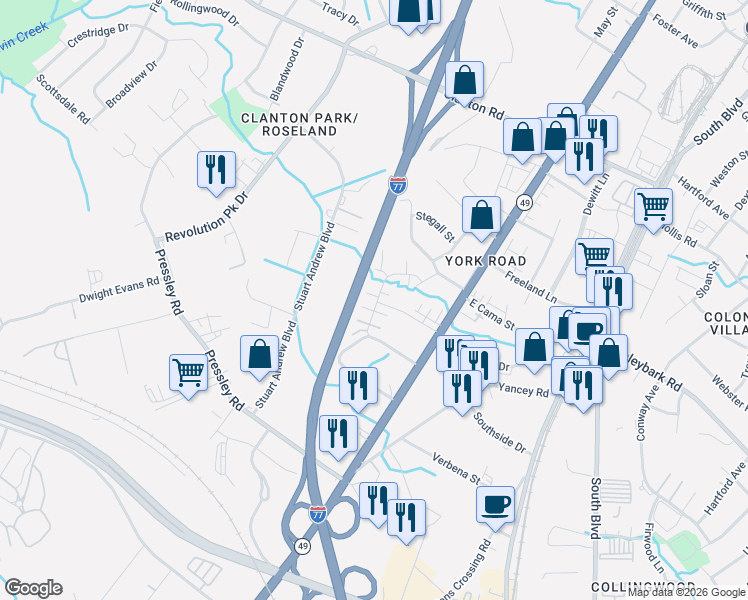 map of restaurants, bars, coffee shops, grocery stores, and more near 150 Orchard Circle in Charlotte