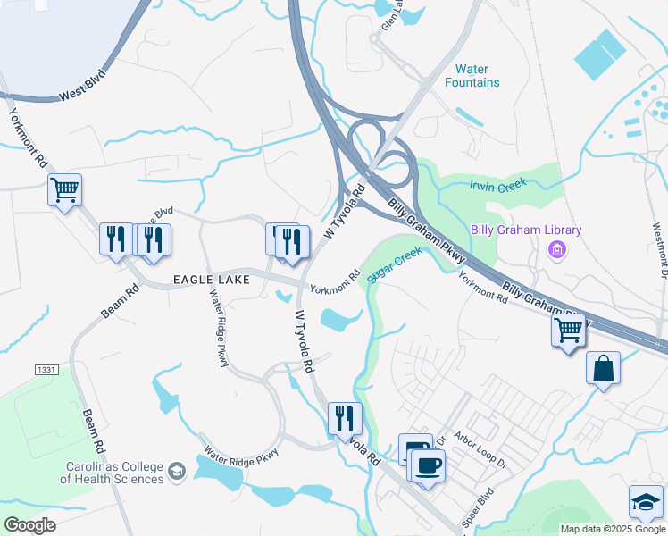 map of restaurants, bars, coffee shops, grocery stores, and more near 2400 Yorkmont Road in Charlotte