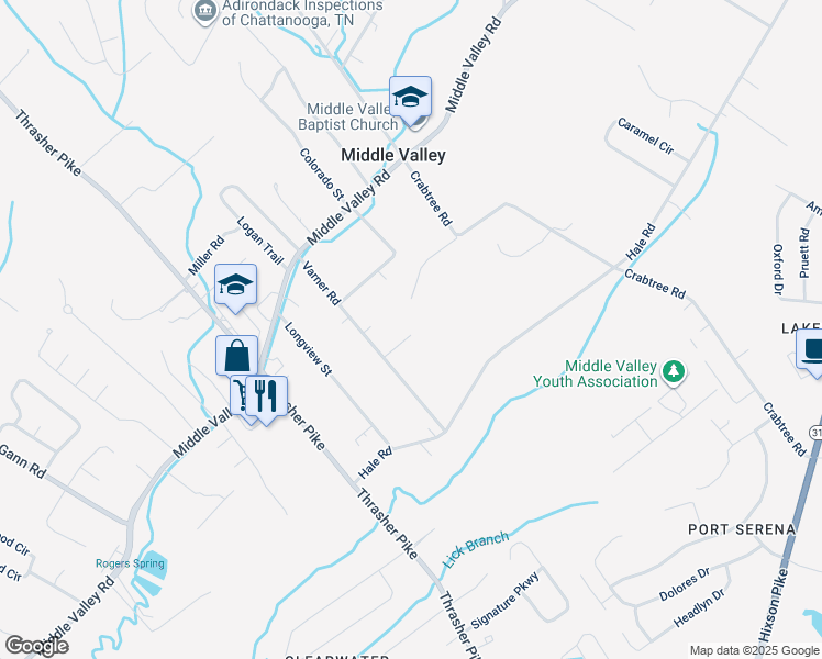 map of restaurants, bars, coffee shops, grocery stores, and more near 1735 Varner Road in Middle Valley