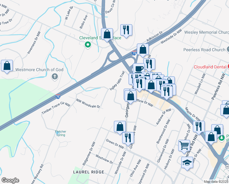 map of restaurants, bars, coffee shops, grocery stores, and more near 1825 Mount Vernon Drive Northwest in Cleveland