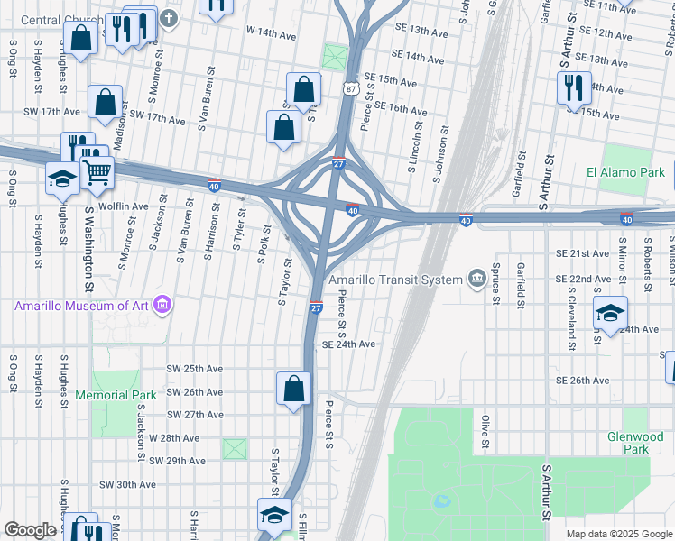 map of restaurants, bars, coffee shops, grocery stores, and more near 2109 South Pierce Street in Amarillo