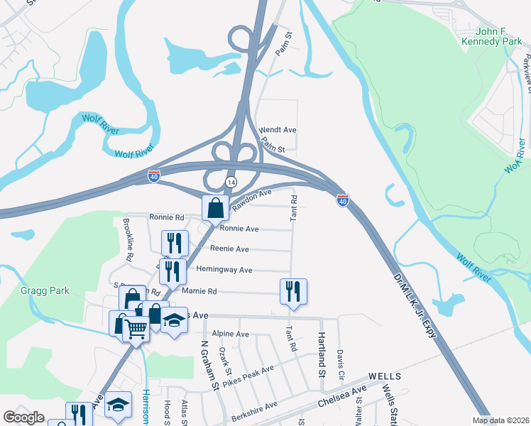 map of restaurants, bars, coffee shops, grocery stores, and more near 4116 Ronnie Avenue in Memphis