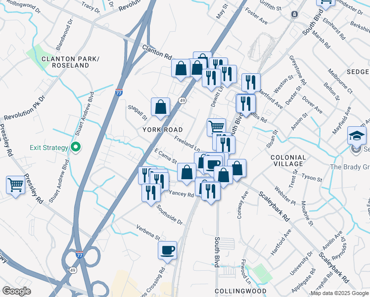map of restaurants, bars, coffee shops, grocery stores, and more near 123 Freeland Lane in Charlotte