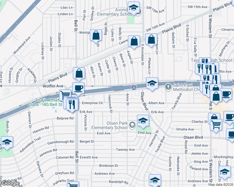 map of restaurants, bars, coffee shops, grocery stores, and more near 5307 Interstate 40 Frontage Road in Amarillo
