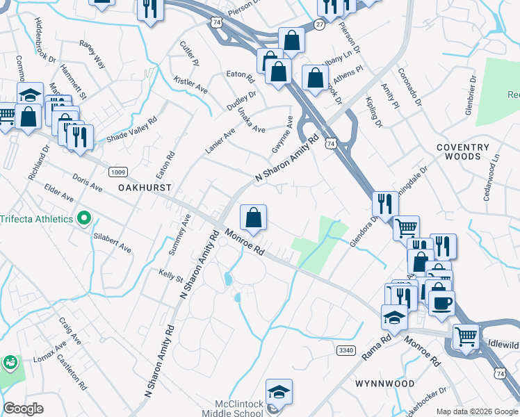 map of restaurants, bars, coffee shops, grocery stores, and more near 5435 Lantana Avenue in Charlotte