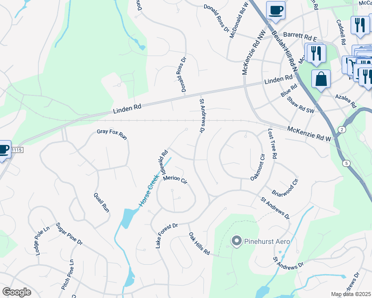 map of restaurants, bars, coffee shops, grocery stores, and more near 2 Saint Andrews Place in Pinehurst