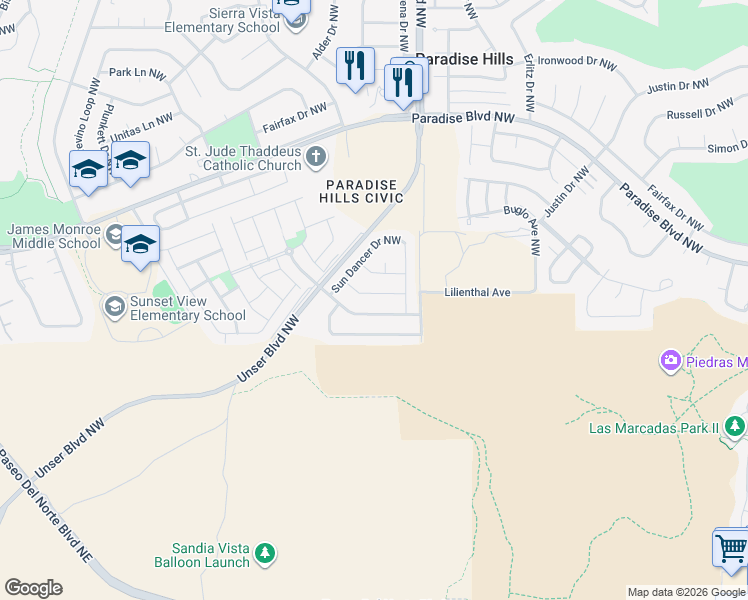 map of restaurants, bars, coffee shops, grocery stores, and more near 5643 Blue Feather Avenue Northwest in Albuquerque