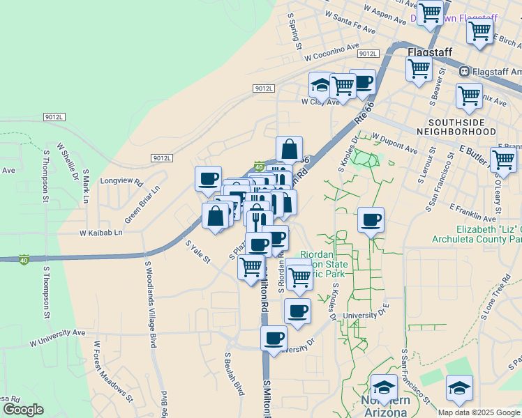 map of restaurants, bars, coffee shops, grocery stores, and more near 1111 South Plaza Way in Flagstaff