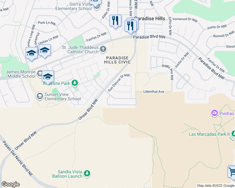 map of restaurants, bars, coffee shops, grocery stores, and more near 5643 Blue Feather Avenue Northwest in Albuquerque