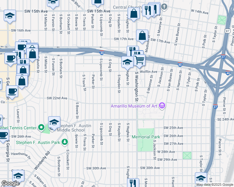 map of restaurants, bars, coffee shops, grocery stores, and more near 2108 South Hayden Street in Amarillo