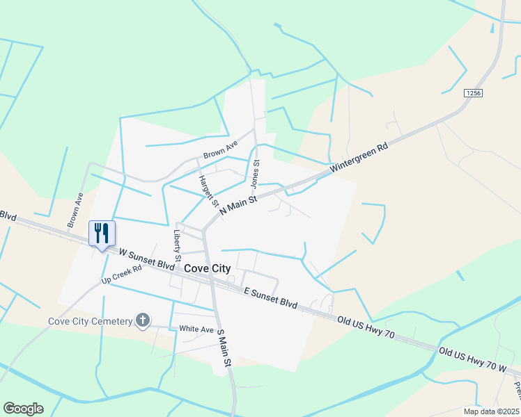 map of restaurants, bars, coffee shops, grocery stores, and more near 622 Harris Street in Cove City