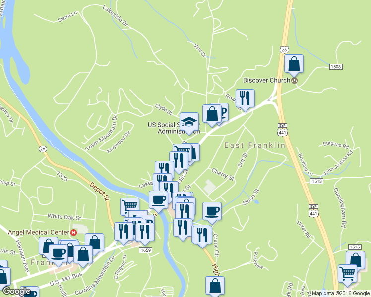 map of restaurants, bars, coffee shops, grocery stores, and more near 55 Dan Street in Franklin