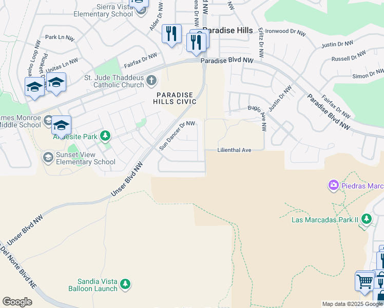 map of restaurants, bars, coffee shops, grocery stores, and more near 5608 Bald Eagle Road Northwest in Albuquerque