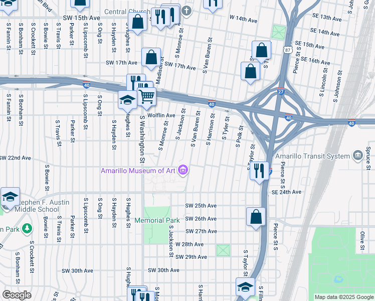map of restaurants, bars, coffee shops, grocery stores, and more near 2115 South Van Buren Street in Amarillo