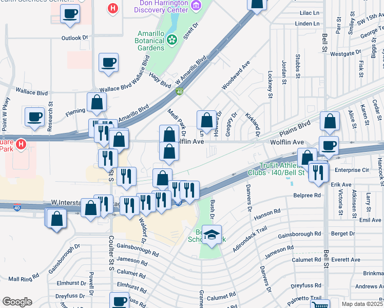 map of restaurants, bars, coffee shops, grocery stores, and more near 6801 Wolflin Avenue in Amarillo