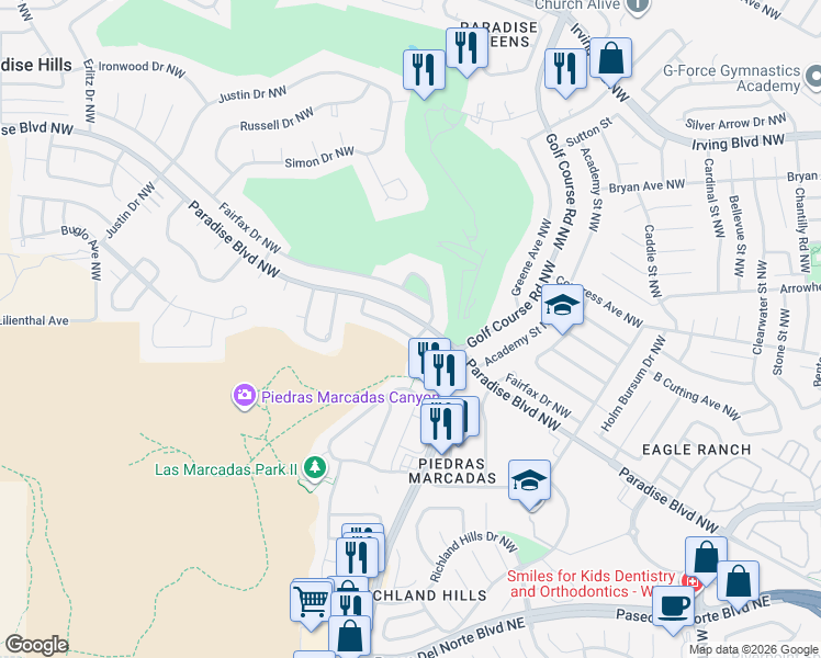 map of restaurants, bars, coffee shops, grocery stores, and more near 4944 Quail Ridge Drive in Albuquerque