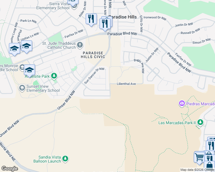 map of restaurants, bars, coffee shops, grocery stores, and more near 5601 Blue Feather Avenue Northwest in Albuquerque