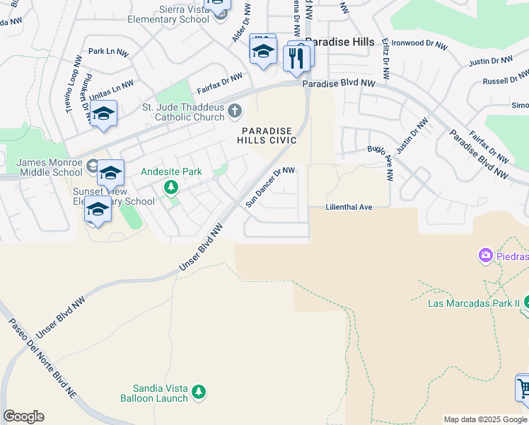 map of restaurants, bars, coffee shops, grocery stores, and more near 5643 Blue Feather Avenue Northwest in Albuquerque