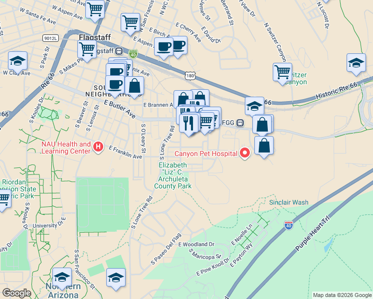 map of restaurants, bars, coffee shops, grocery stores, and more near 570 South Windsor Lane in Flagstaff