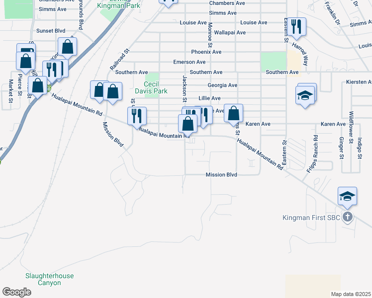 map of restaurants, bars, coffee shops, grocery stores, and more near 218 Jackson St in Kingman