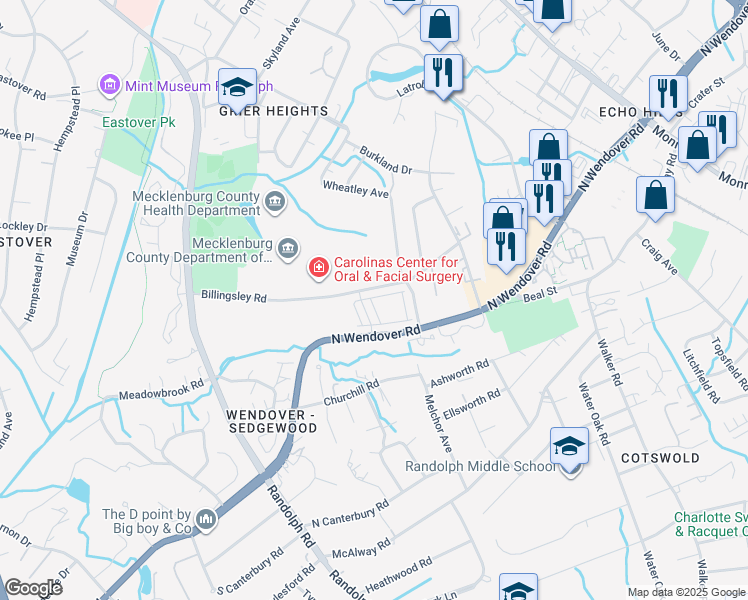 map of restaurants, bars, coffee shops, grocery stores, and more near 3711 Uwharrie River Road in Charlotte