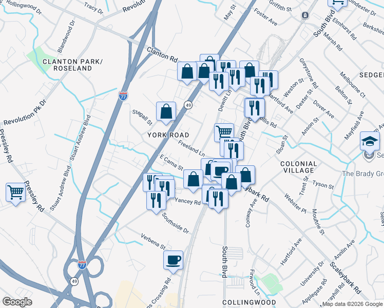 map of restaurants, bars, coffee shops, grocery stores, and more near in Charlotte