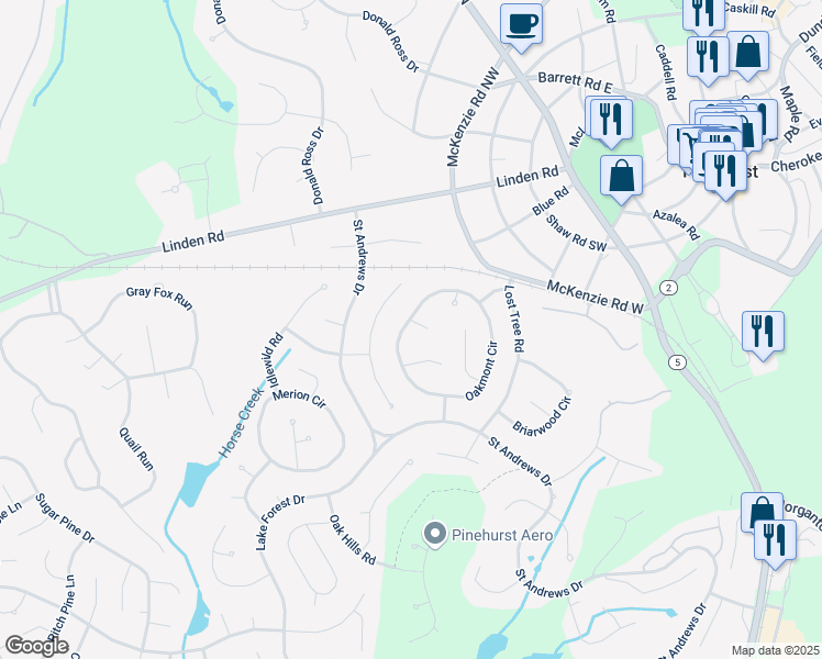 map of restaurants, bars, coffee shops, grocery stores, and more near 2 Meadowlark Lane in Pinehurst