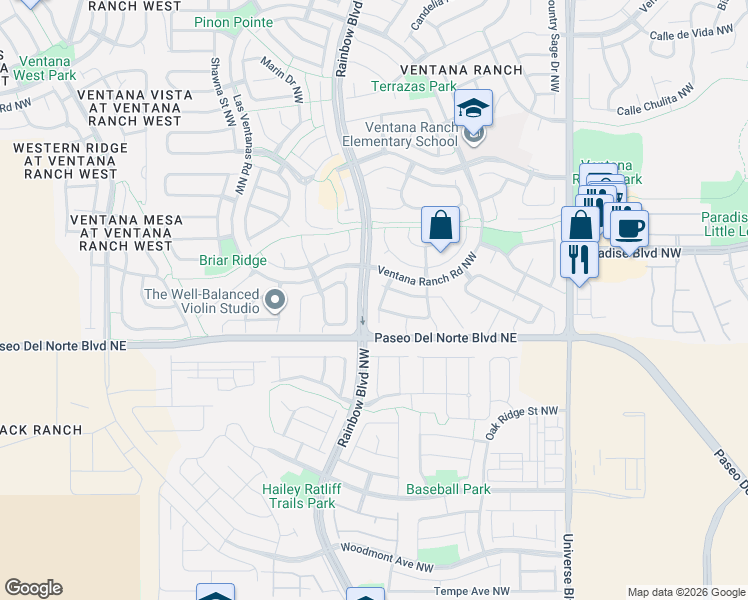 map of restaurants, bars, coffee shops, grocery stores, and more near 9408 Travilla Drive Northwest in Albuquerque