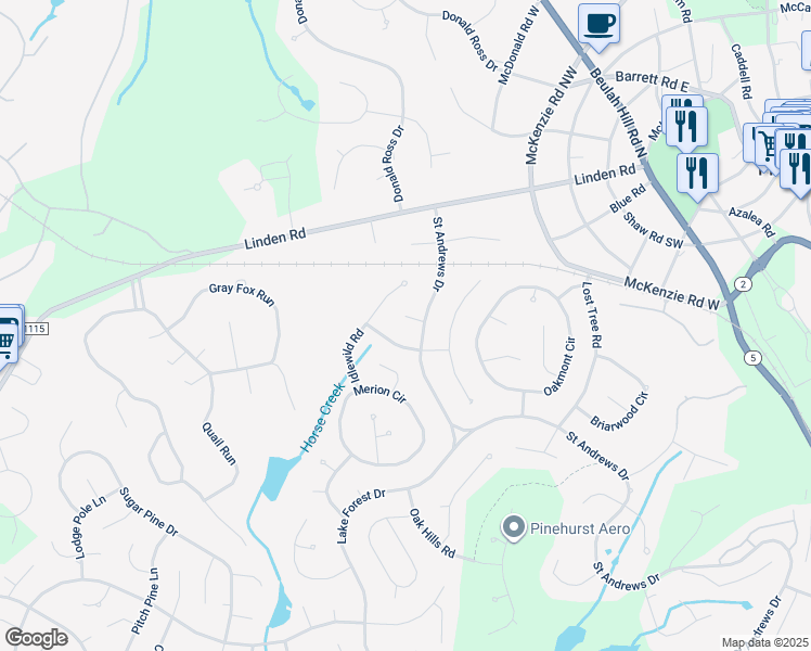 map of restaurants, bars, coffee shops, grocery stores, and more near 2 Saint Andrews Place in Pinehurst