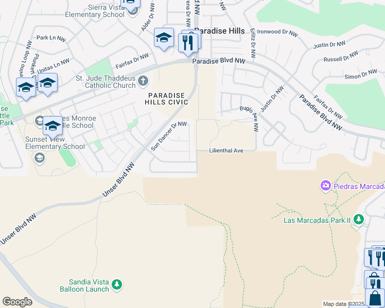 map of restaurants, bars, coffee shops, grocery stores, and more near 9536 Jacks Creek Drive Northwest in Albuquerque
