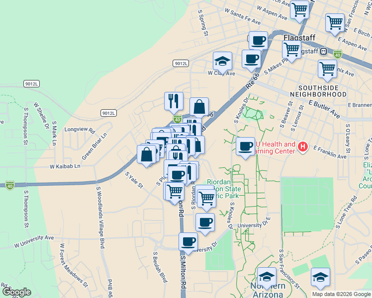 map of restaurants, bars, coffee shops, grocery stores, and more near S Milton Rd & Riordan Rd in Flagstaff