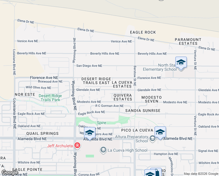 map of restaurants, bars, coffee shops, grocery stores, and more near 8000 Glendale Avenue Northeast in Albuquerque