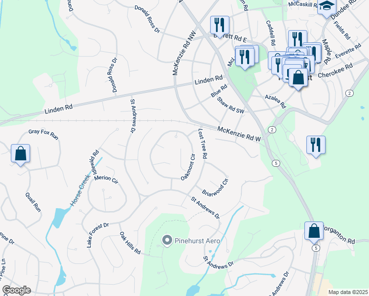 map of restaurants, bars, coffee shops, grocery stores, and more near 12 Lacosta Lane in Pinehurst