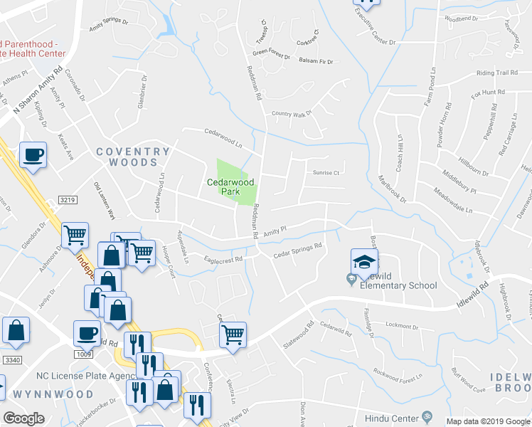 map of restaurants, bars, coffee shops, grocery stores, and more near 5800 Sunset Chase Lane in Charlotte