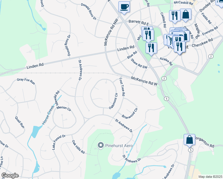 map of restaurants, bars, coffee shops, grocery stores, and more near 12 Lacosta Lane in Pinehurst