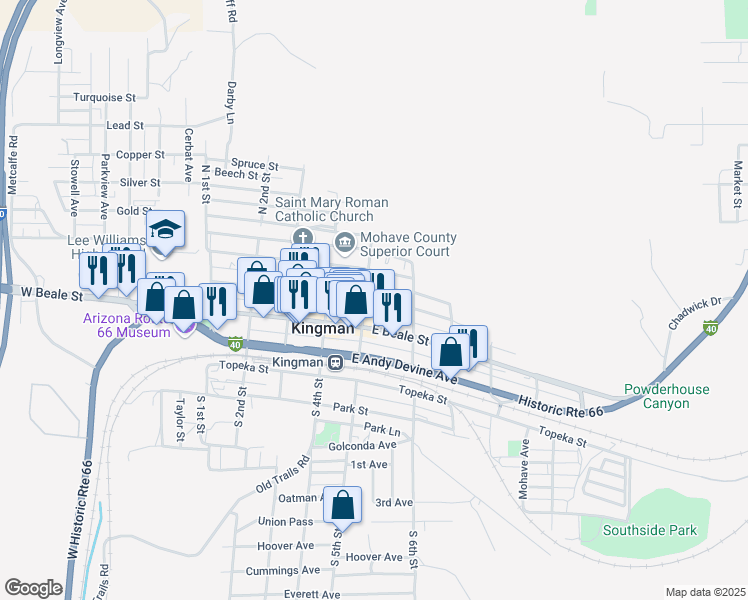 map of restaurants, bars, coffee shops, grocery stores, and more near 507 East Oak Street in Kingman