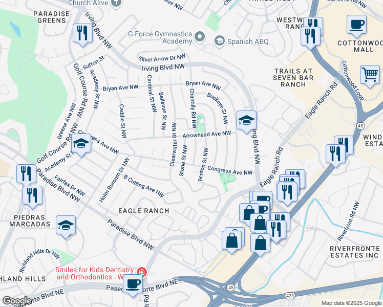 map of restaurants, bars, coffee shops, grocery stores, and more near 9801 Chantilly Road Northwest in Albuquerque