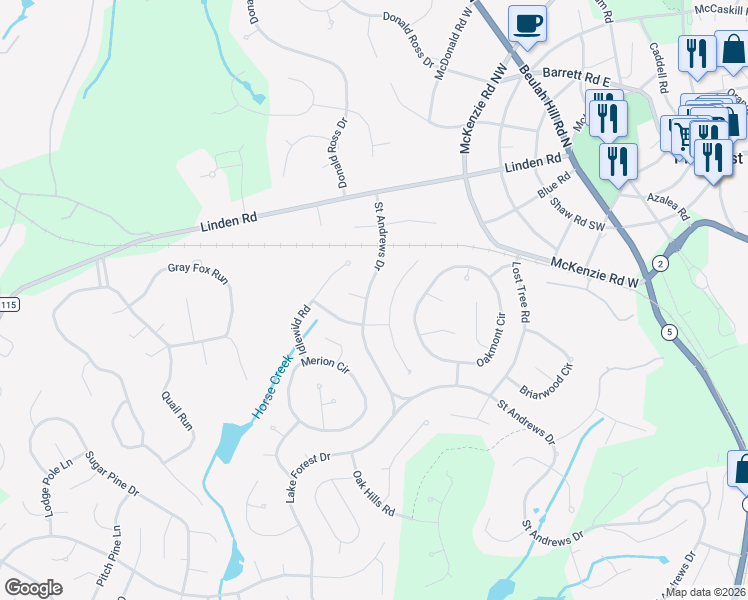 map of restaurants, bars, coffee shops, grocery stores, and more near 95 Tamarisk Lane in Pinehurst