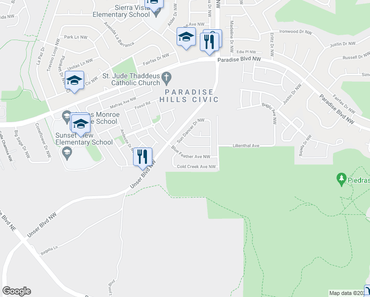 map of restaurants, bars, coffee shops, grocery stores, and more near 5652 Bald Eagle Road Northwest in Albuquerque