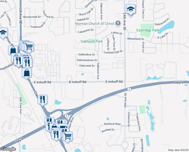 map of restaurants, bars, coffee shops, grocery stores, and more near 1831 East Imhoff Road in Norman