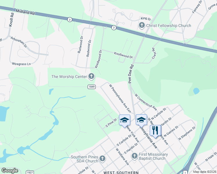 map of restaurants, bars, coffee shops, grocery stores, and more near 1580 West Pennsylvania Avenue in Southern Pines