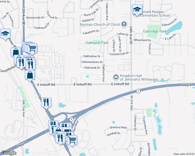 map of restaurants, bars, coffee shops, grocery stores, and more near 1831 East Imhoff Road in Norman