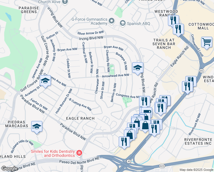 map of restaurants, bars, coffee shops, grocery stores, and more near 9801 Chantilly Road Northwest in Albuquerque