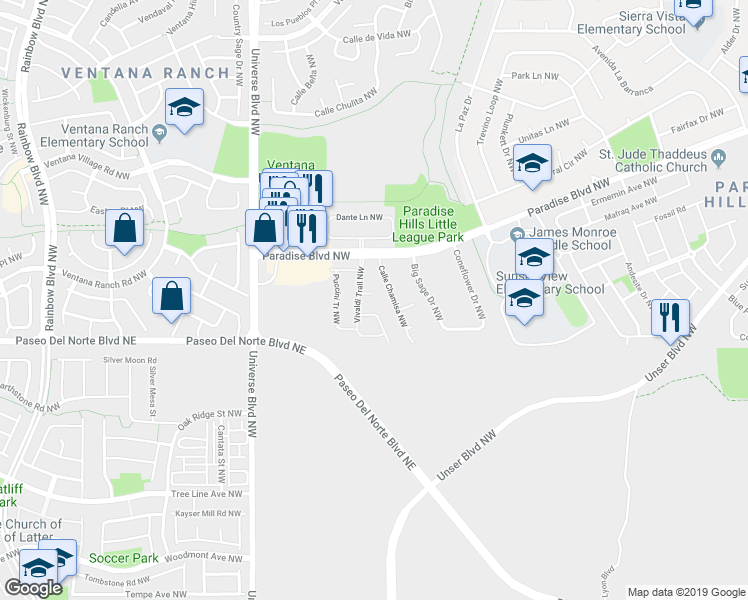 map of restaurants, bars, coffee shops, grocery stores, and more near 9604 Adina Lane Northwest in Albuquerque