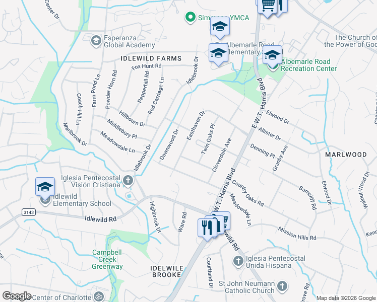 map of restaurants, bars, coffee shops, grocery stores, and more near 7829 Scottwood Terrace in Charlotte