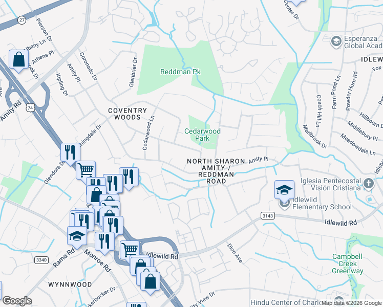 map of restaurants, bars, coffee shops, grocery stores, and more near 6700 Edenwood Place in Charlotte